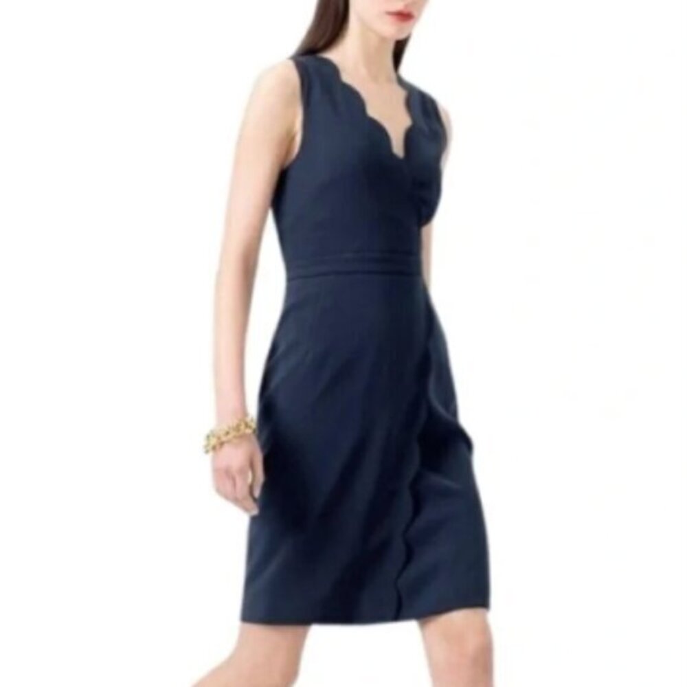 J. Crew Surplice Faux Wrap Scallop Crepe Dress in Navy Blue Size 8